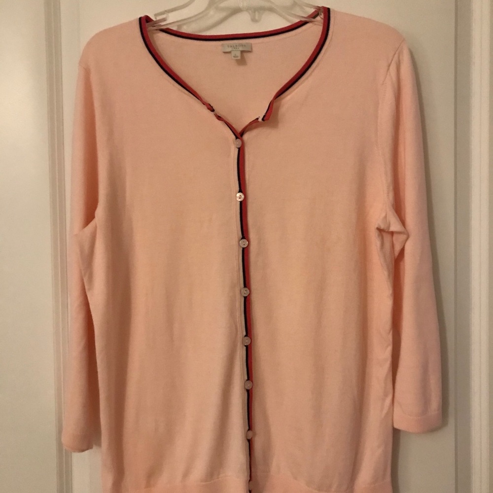 Cardigan - peach with coral and navy